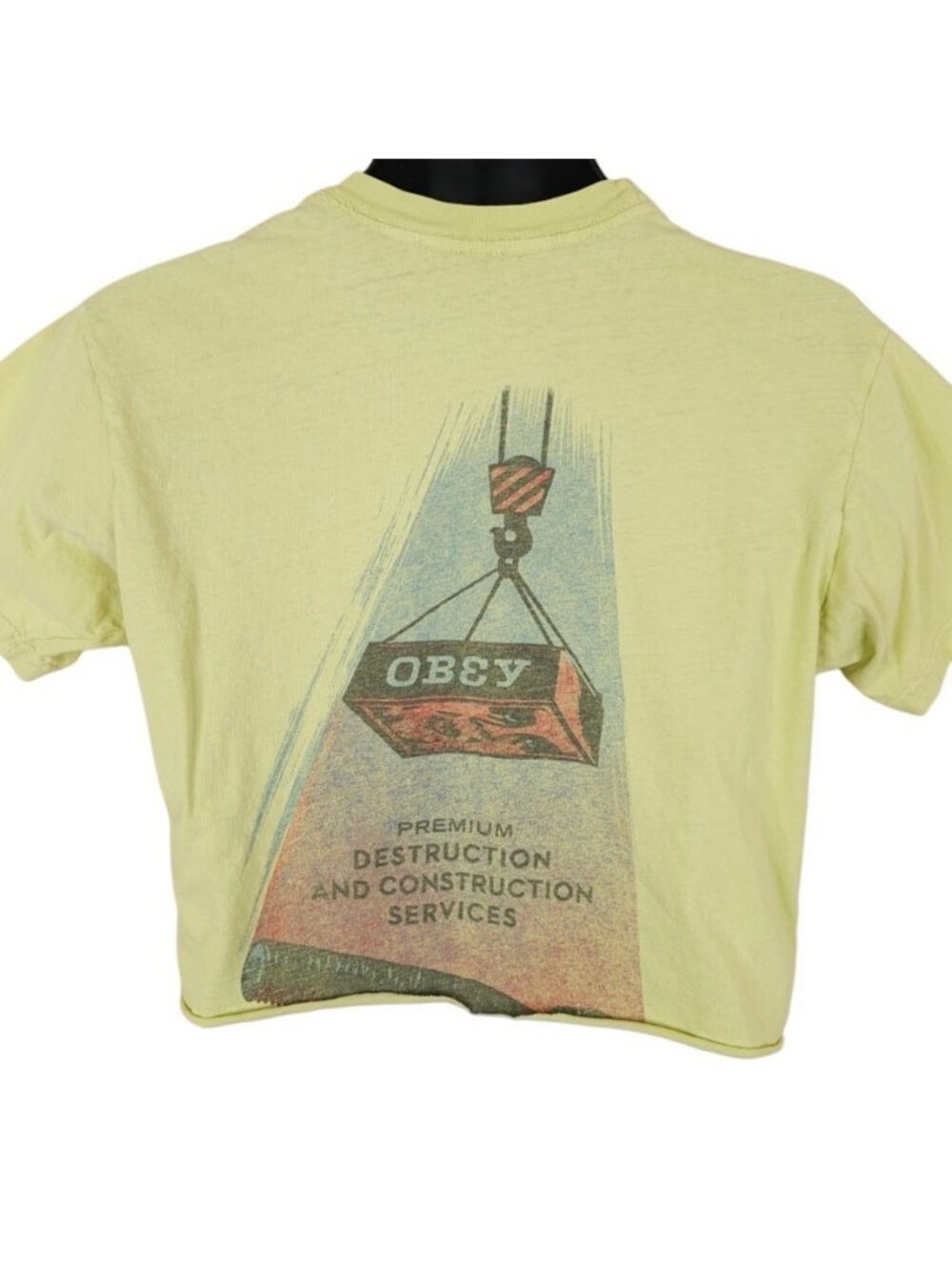 Obey Crop Top T Shirt Mens Size Small Yellow Destruction Construction Streetwear